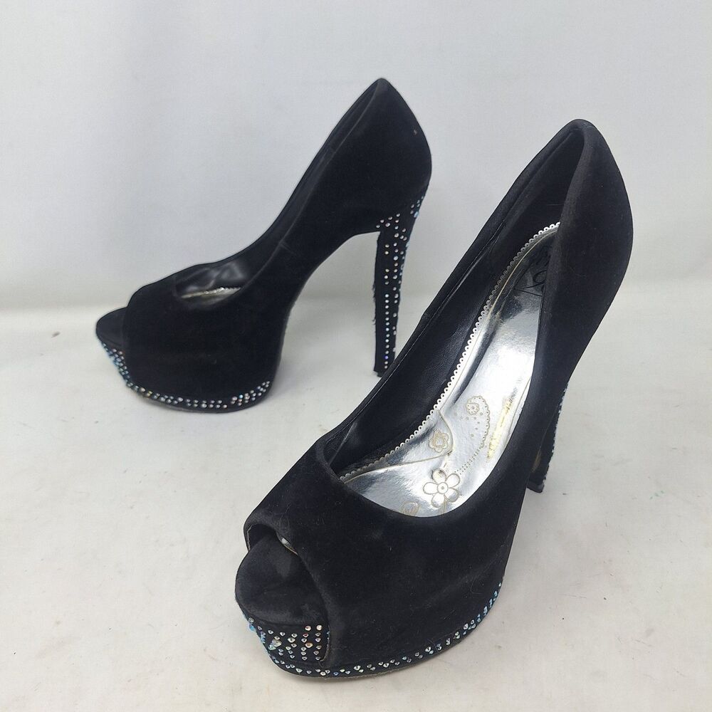 Speed Limit 98 Black Faux Suede Rhinestone Platform Stiletto Heels Size 7.5